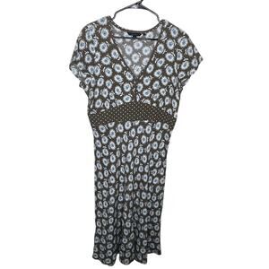 Boden brown and blue floral polka dot print midi dress vneck Plus Size 18L